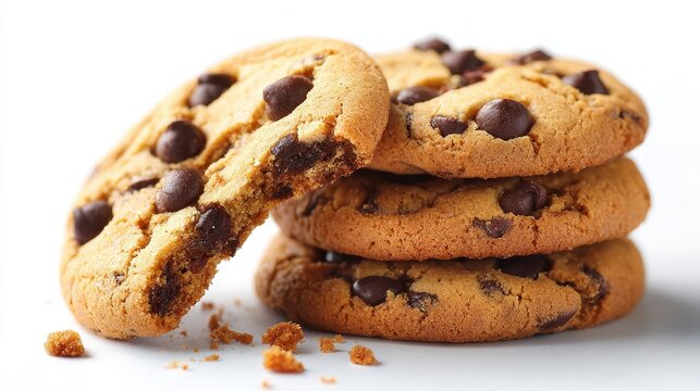 Stack of chocolate chip cookies isolated on white background with crumbs
