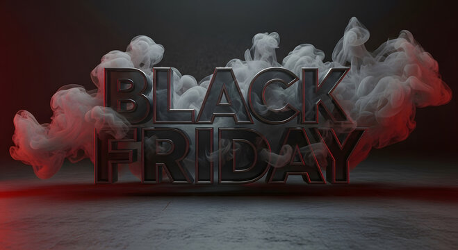 Moody and atmospheric black friday text title surrounded by thick white smoke on dark concrete floor surface