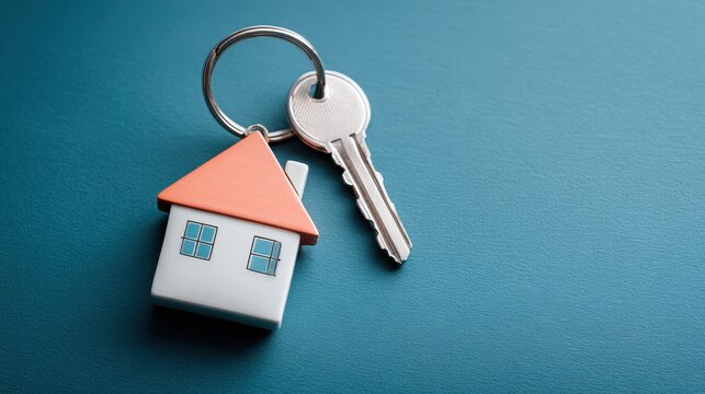 House key with house shaped keychain on blue background, property concept