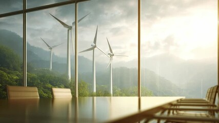 A Vision of Sustainable Future: Scenic view through window featuring wind turbines, embodying eco-conscious values, inspiring a commitment to protect our planet.