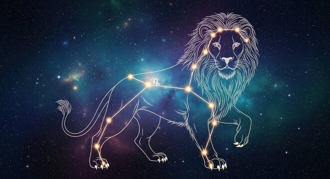 Stunning Leo constellation against a cosmic backdrop creates celestial artwork. Leo constellation shows zodiac sign, stars connected with luminous lines, forming a lion shape.