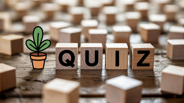Wooden blocks spelling "Quiz" with a plant icon creating a playful and educational concept for online learning trivia games and knowledge assessments on a rustic wooden surface