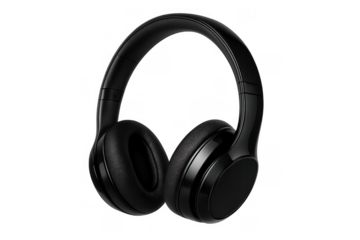 Black wireless over-ear headphones providing audio experience and sound quality, listening to music, modern technology gadget