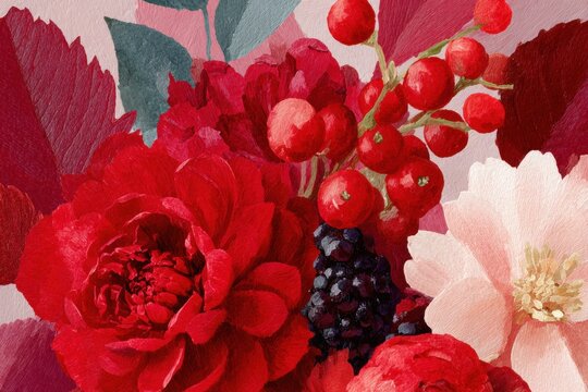 Artistic fusion of vibrant red florals with couture text elements, showcasing a rich tapestry of colors and textures, perfect for fashion and design inspiration