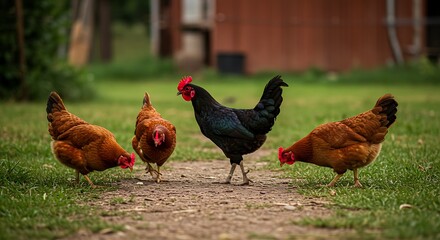Chickens foraging in a farmyard. hens rooster poultry livestock agriculture rural countryside domestic animal bird feather brown black