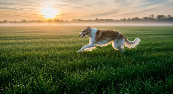 Borzoi dog runs across a green field at sunrise with morning fog. Pet animal outdoor activity and natural beauty. - Powered by Adobe