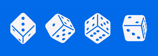 Vector illustration of falling D6 dice shown from different angles in flat style. Dynamic motion concept symbolizing luck, chance, and gaming. Perfect for casino, board games and entertainment design.