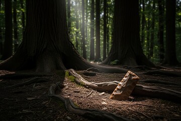 Stone Age flint artifact fragment found among mossy roots in a sunlit primeval forest