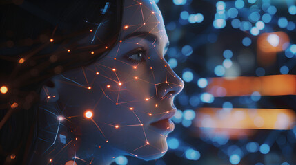 Profile of a woman with glowing network connections overlayed against a blurred bokeh background