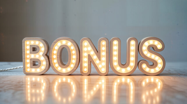 Illuminated bonus sign with marquee lights on a reflective surface perfect for promotions incentives and special offers creating a bright and inviting atmosphere for viewers
