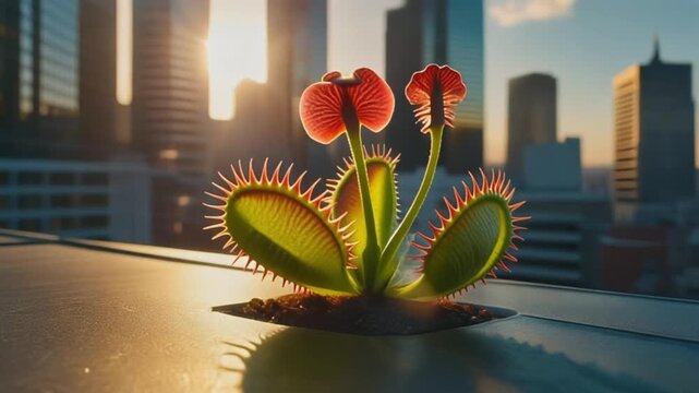 Venus flytrap plant thriving on a city rooftop at sunset with skyscrapers in background