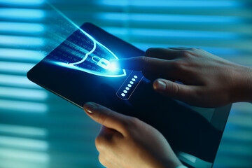 Password required to unlock tablet computer. Woman with device touching virtual shield, closeup. Cyber security and data protection concept