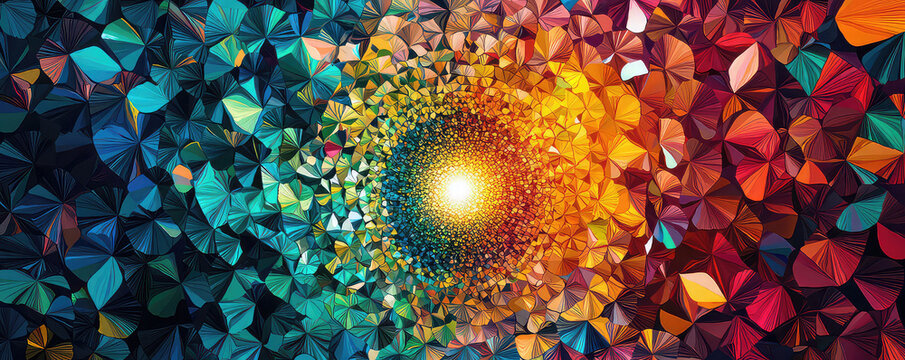 A colorful, radial graphics abstract background, consisting of little shapes that combine for a vibrant visual effect.