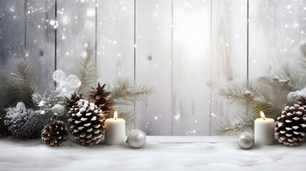 Silver Christmas candles, baubles and pine cones in a row with spruce branches covered with snow and snowfall on white wooden board background in winter. Horizontal composition.