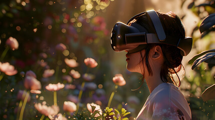 A woman wearing a vr headset in a garden surrounded by pink flowers and lush green foliage outdoors