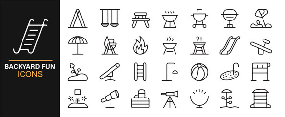 Black Outline Icon Set Featuring Backyard Games and Recreational Items