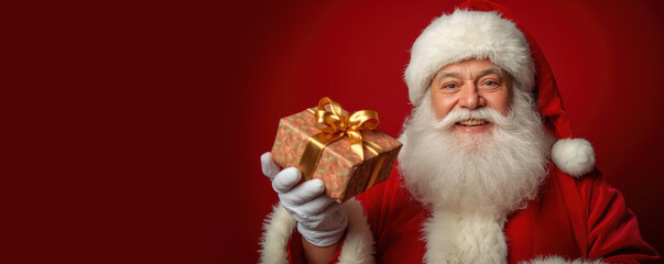 Santa Giving Gift on Red Background — Christmas Present Offering Close-Up