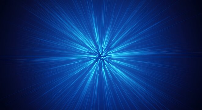 Blue abstract hyperspace light speed background with radial glowing rays