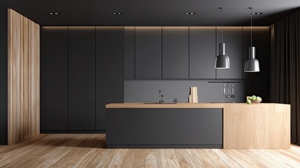 Modern dark gray kitchen with natural wood island and flooring.