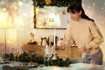 Happy New Year 2026 greeting card, bokeh lights. Smiling woman setting table for festive dinner at home