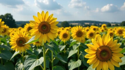 A sunny day in a lush sunflower field against a bright blue sky