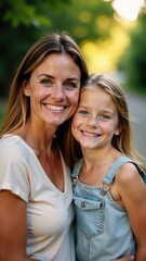 Fototapeta premium A woman and a young girl sitting together, smiling for the camera