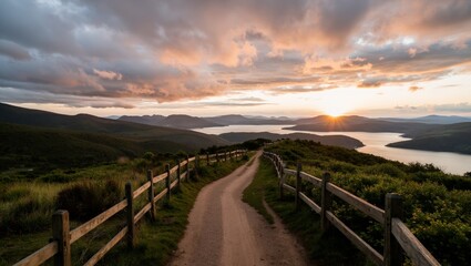 Scenic Hillside path at sunset with rustic fences, lush green valleys, serene lakes, and a dramatic sky glowing with warm, painterly colors for a tranquil, inspirational landscape.