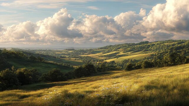 Scenic rolling hills and dramatic clouds in sunlit countryside landscape