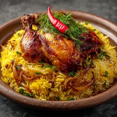 A beautifully presented dish featuring a whole roasted chicken served over a bed of seasoned rice. 