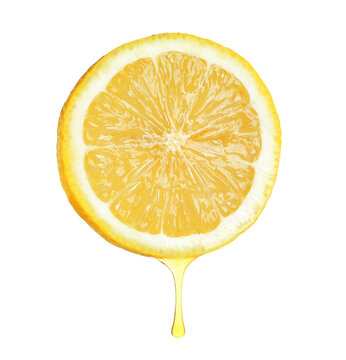 Drop of juice dripping from citrus fruit. Fresh lemon half on white background