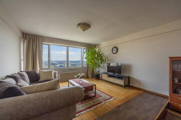 Bright living room with large windows, cozy sofa, houseplant, and city view