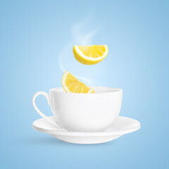 Citrus drink for health boosting. Lemon pieces falling into cup on light blue background. Cold season remedy