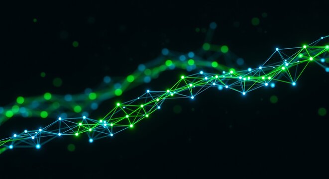 Futuristic Network Connection Structure with Glowing Green and Blue Elements