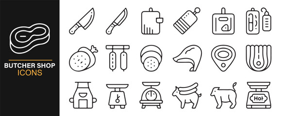 Modern Outline Graphics of Meat Cuts and Butcher Shop Tools