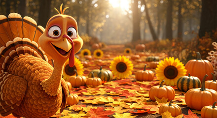 Cartoon turkey with orange feathers in forest environment, surrounded by pumpkins and sunflowers, showcasing autumn harvest and holiday season