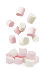 Fresh mallows falling onto heap on white background
