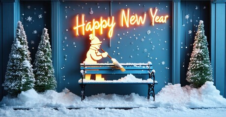 Winter scene depicts snow covered bench, snowman sweeping. Bright Happy New Year neon sign illuminates festive display.