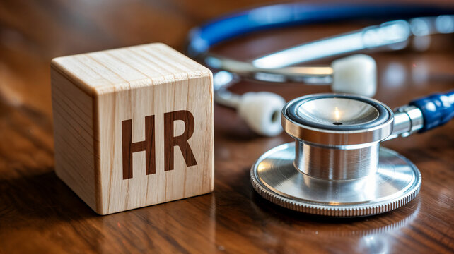 Hr wooden block alongside a stethoscope on a wooden surface representing human resources in healthcare employee wellness programs and occupational health and safety initiatives in the workplace