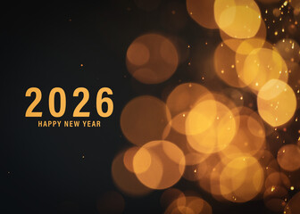 Happy New Year 2026 greeting card with bokeh lights on dark background