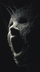 Horrified screaming human face formed from glossy spiderweb strands. Concept of mental problems, panic attacks, anxiety, negative emotions. 