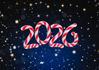 Naklejka premium Happy New Year greeting card. 2026 numbers made of candy canes, snow and magic lights on dark background