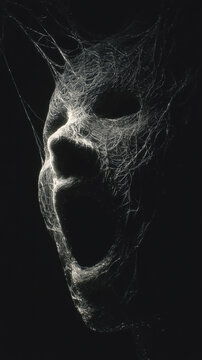Horrified screaming human face formed from glossy spiderweb strands. Concept of mental problems, panic attacks, anxiety, negative emotions. 
