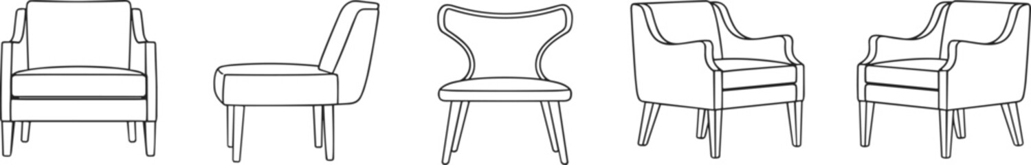 Modern chair collection line art, minimalist furniture silhouettes, interior design seating set, contemporary home decor elements, flat vector illustration