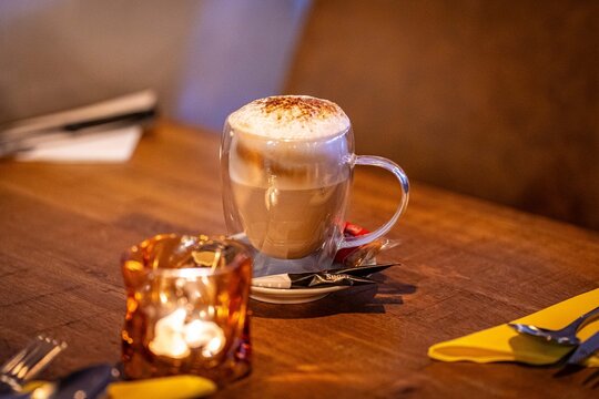 Close up hot coffee latte in restaurant horizontal. - Powered by Adobe