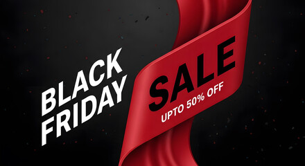 Modern black friday sale advertising banner featuring a large flowing red ribbon with fifty percent off discount text against dark background