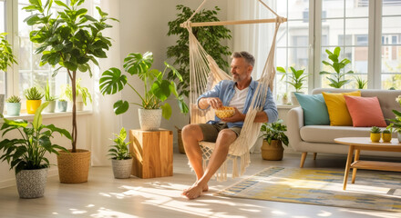 A middle-aged man relaxing in a macrame hanging chair at home eating popcorn. Cozy modern living room interior filled with green houseplants. Domestic lifestyle and well-being concept
