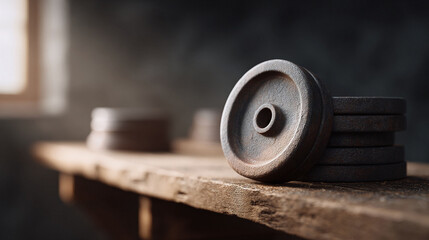 Rustic fitness. Weight plates stacked on a weathered wooden surface. Gym equipment in a vintage setting. Ideal for strength, training and health concepts.