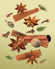 Christmas spices falling on light green background