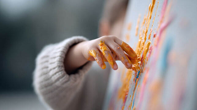 Childs hand painting with vibrant colors on canvas, fingers smeared. Symbol of creativity, expression, learning. Perfect for art education, childhood development, creative projects.