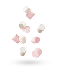 Fresh mallows flying in air on white background